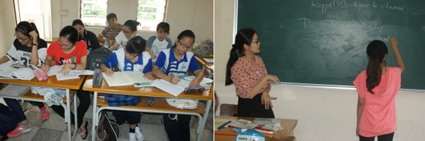 La classe de 1ère année F3 (étudiant-e-s né-e-s en 1998). Leur professeur, Hai Ly, surveille l’étudiante qui écrit la conjugaison de descendre et monter.