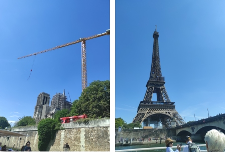 Le chantier de restauration de Notre Dame et la tour Eiffel, vus depuis le bateau-mouche