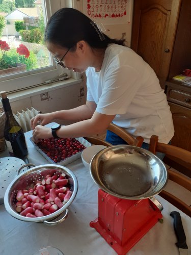 Préparation du clafoutis avec Régine