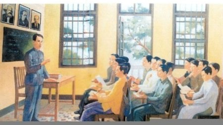 « Nguyên Ai Quôc enseignant dans une classe de formation des cadres révolutionnaires vietnamiens à Canton, en Chine ». Peinture