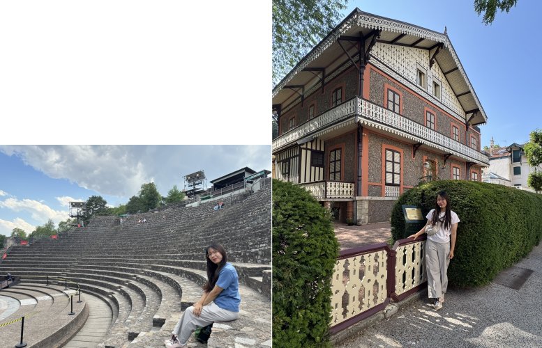 À gauche : Théâtre antique de Lugdunum à Lyon - À droite : Devant un chalet de Napoléon à Vichy